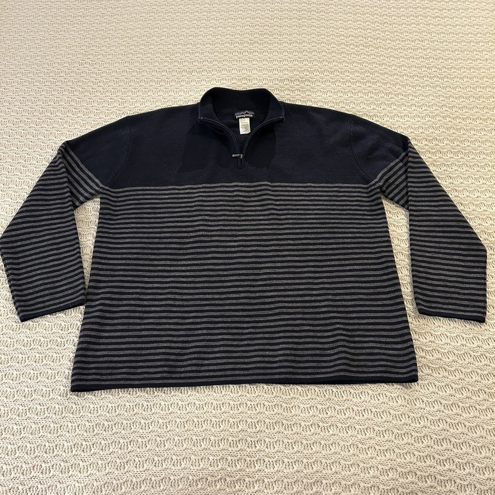 Patagonia Sweater Mens Large Navy Gray Merino Wool 1/4 Quarter Zip Pullover READ